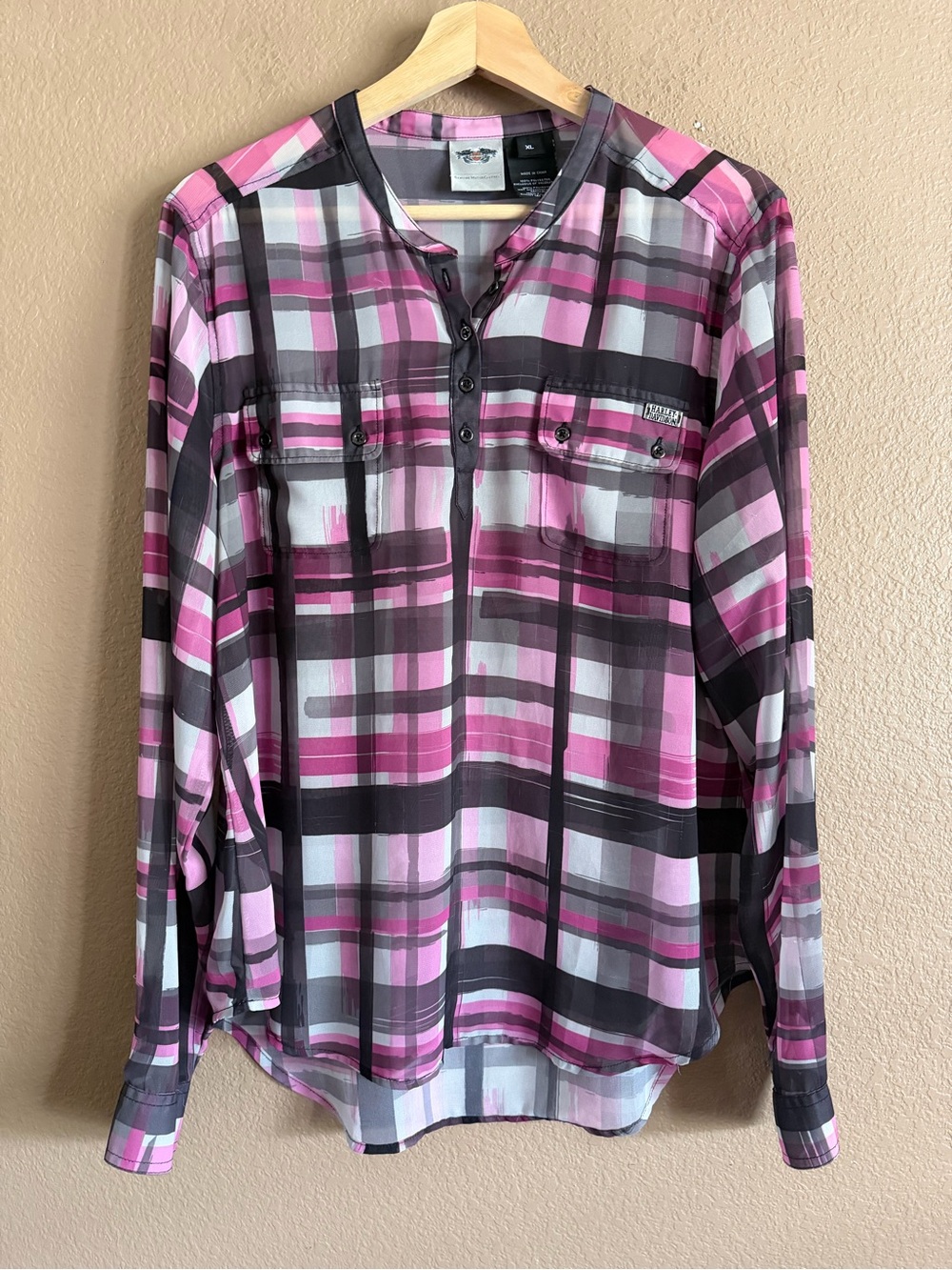 Harley-Davidson Pink and Gray Plaid Button-Front Sheer Blouse Size XL